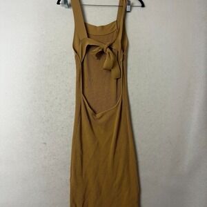 Ribbed Knit Open Back Tie Midi Dress Mustard Yellow Sleeveless Bodycon